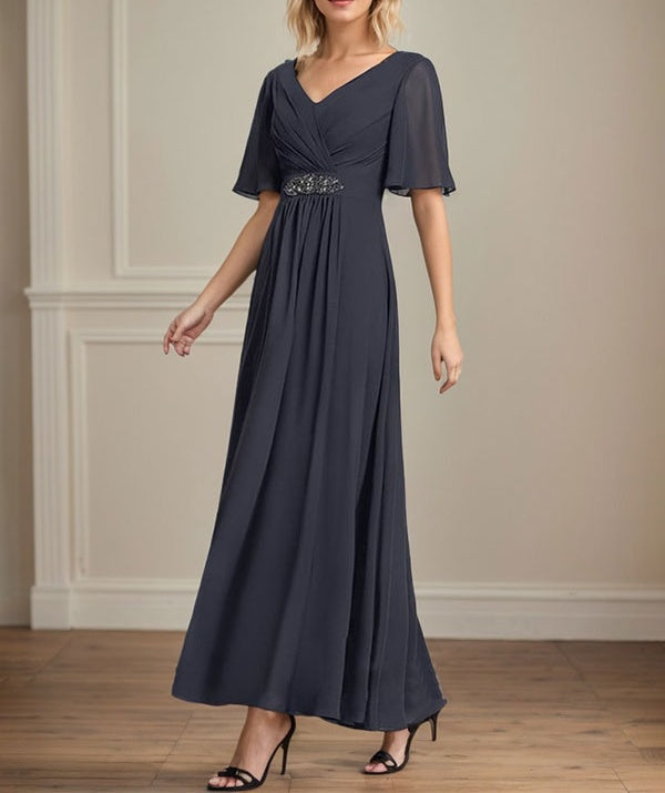 A-line V-Neck Ankle-Length Chiffon Mother of the Bride Dress With Pleated Beading Sequins