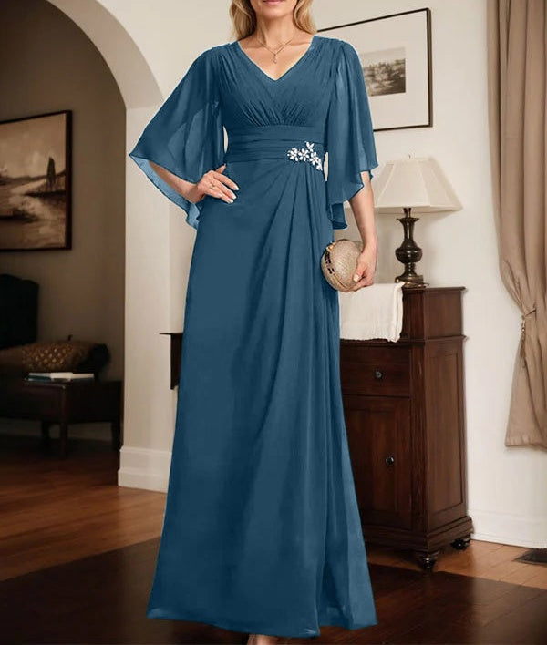 Sheath/Column V-Neck Floor-Length Chiffon Mother of the Bride Dress With Pleated Sequins Beading