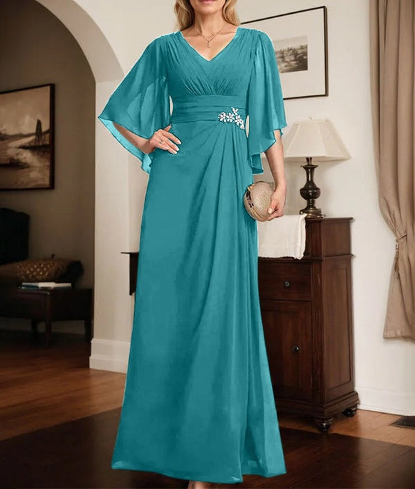 Sheath/Column V-Neck Floor-Length Chiffon Mother of the Bride Dress With Pleated Sequins Beading