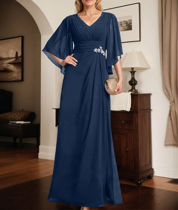 Sheath/Column V-Neck Floor-Length Chiffon Mother of the Bride Dress With Pleated Sequins Beading