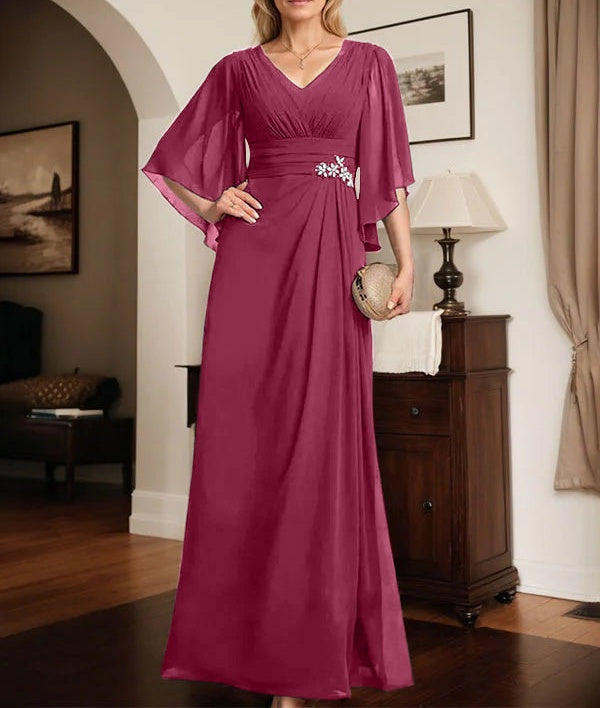 Sheath/Column V-Neck Floor-Length Chiffon Mother of the Bride Dress With Pleated Sequins Beading