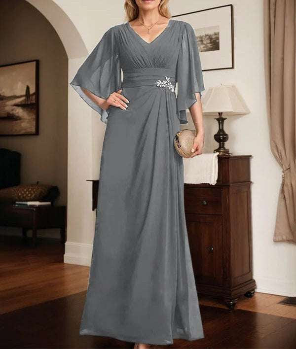 Sheath/Column V-Neck Floor-Length Chiffon Mother of the Bride Dress With Pleated Sequins Beading