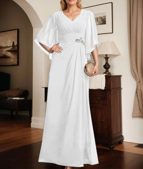 Sheath/Column V-Neck Floor-Length Chiffon Mother of the Bride Dress With Pleated Sequins Beading