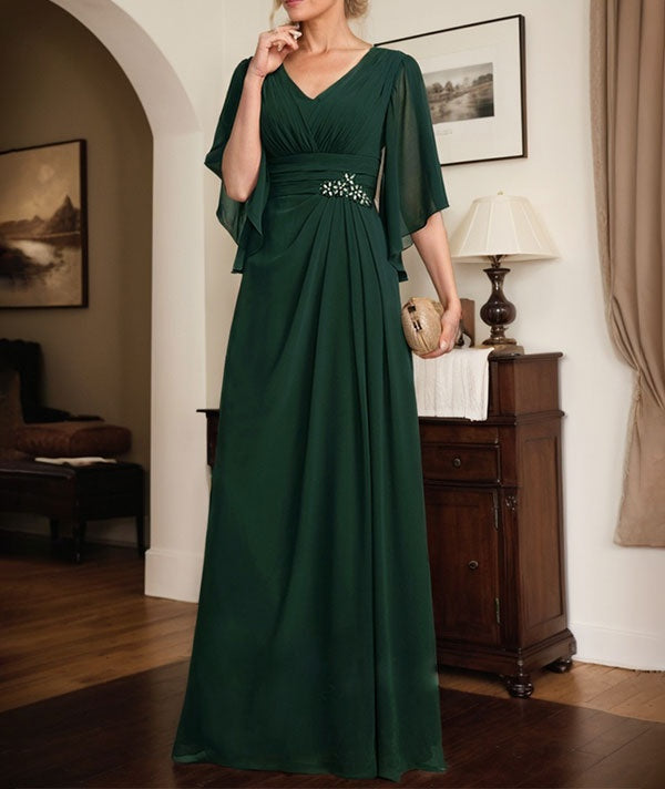 Sheath/Column V-Neck Floor-Length Chiffon Mother of the Bride Dress With Pleated Sequins Beading