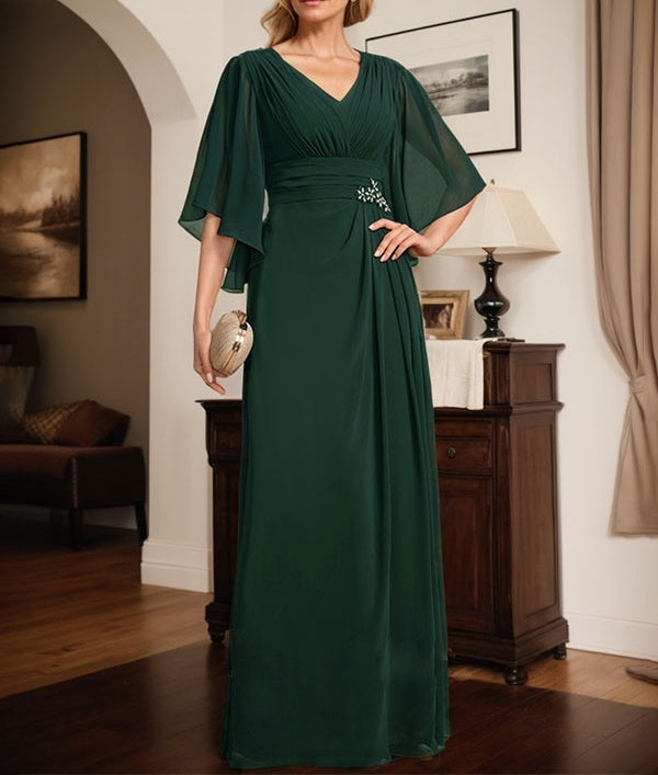 Sheath/Column V-Neck Floor-Length Chiffon Mother of the Bride Dress With Pleated Sequins Beading
