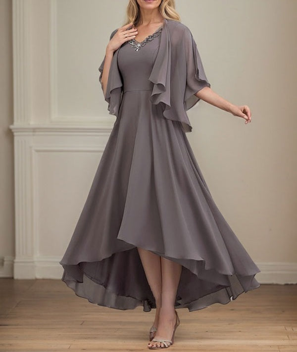 a-line v-neck asymmetrical chiffon bridesmaid dress A-Line/Princess V-Neck Short Sleeves Asymmetrical Chiffon Bridesmaid Dresses with Ruched Purple