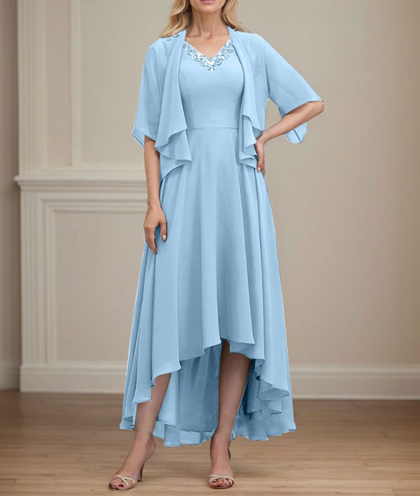 A-line V-Neck Asymmetrical Chiffon Mother of the Bride Dress With Beading Sequins
