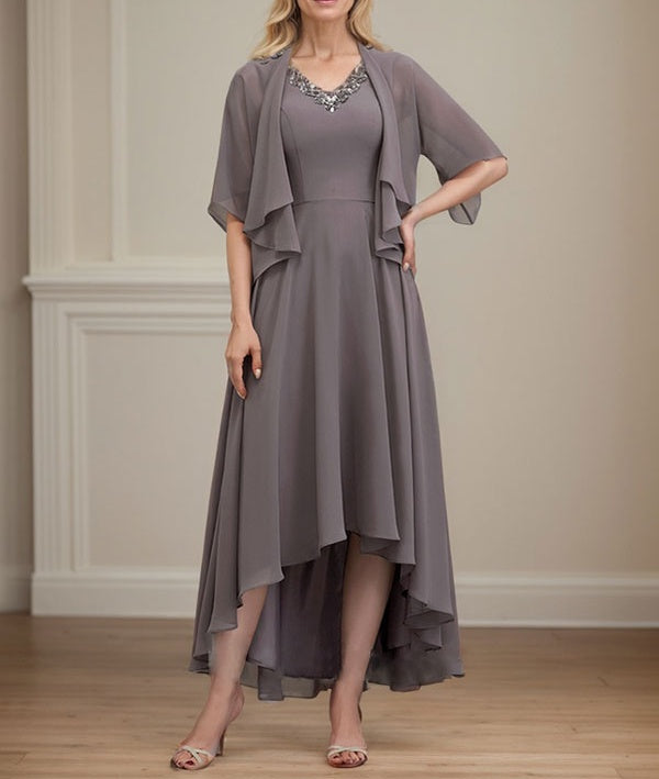 A-line V-Neck Asymmetrical Chiffon Mother of the Bride Dress With Beading Sequins