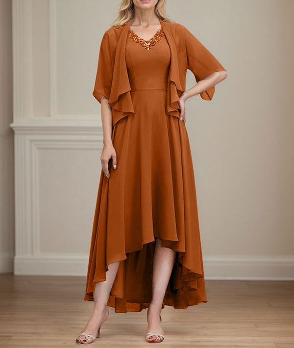 A-line V-Neck Asymmetrical Chiffon Mother of the Bride Dress With Beading Sequins