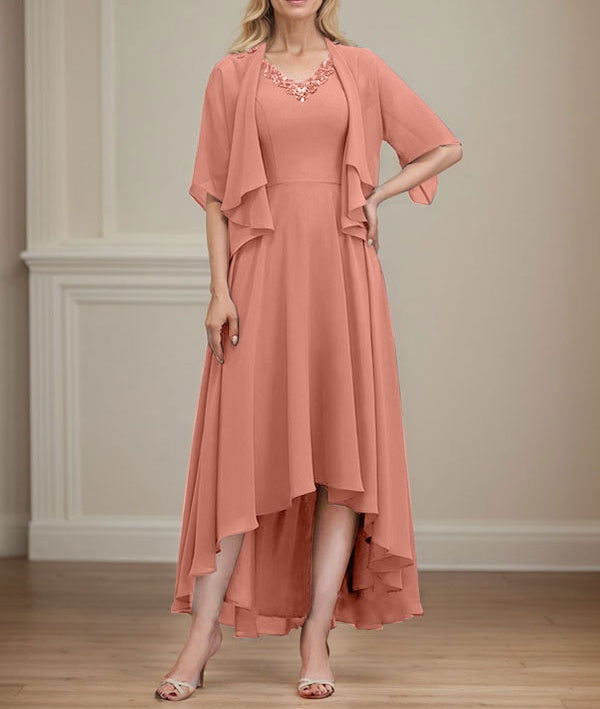 A-line V-Neck Asymmetrical Chiffon Mother of the Bride Dress With Beading Sequins