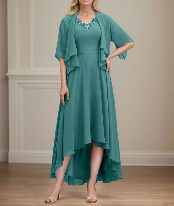 A-line V-Neck Asymmetrical Chiffon Mother of the Bride Dress With Beading Sequins