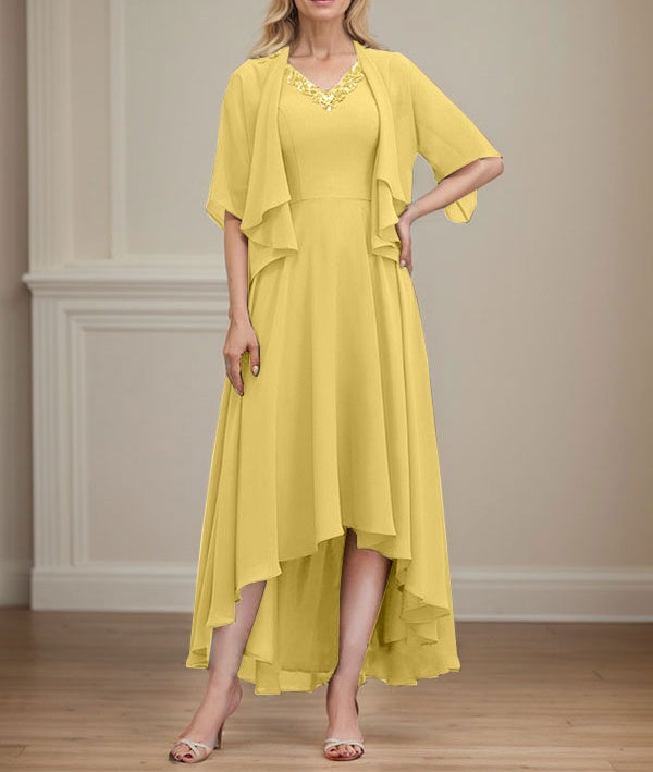 A-line V-Neck Asymmetrical Chiffon Mother of the Bride Dress With Beading Sequins