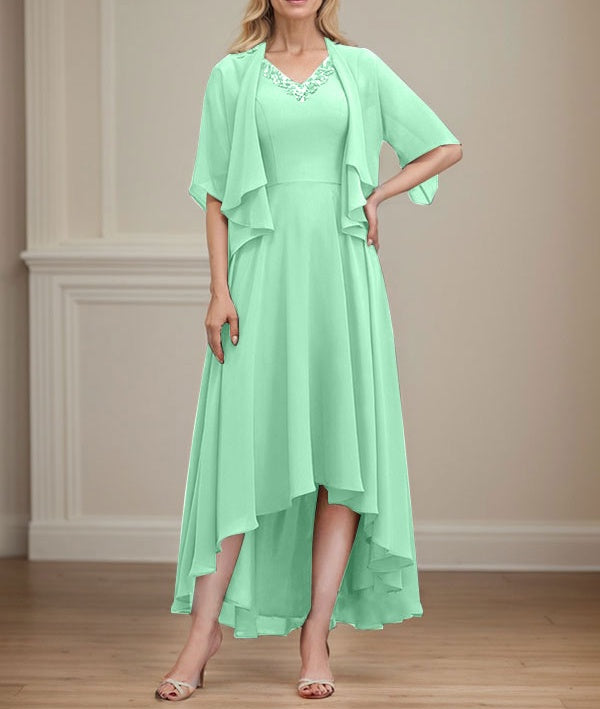 A-line V-Neck Asymmetrical Chiffon Mother of the Bride Dress With Beading Sequins