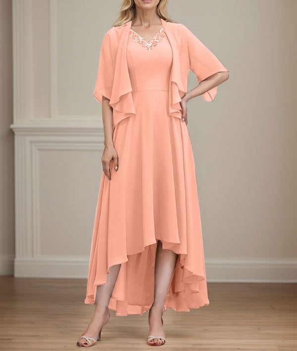 A-line V-Neck Asymmetrical Chiffon Mother of the Bride Dress With Beading Sequins
