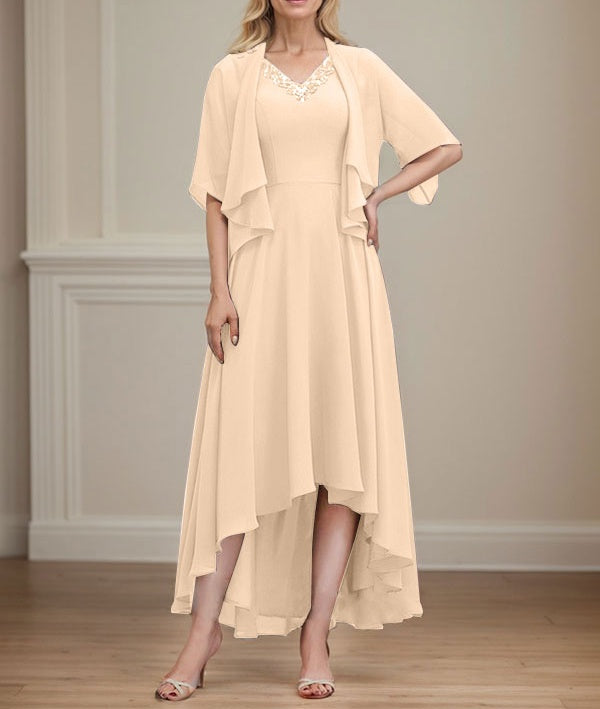 A-line V-Neck Asymmetrical Chiffon Mother of the Bride Dress With Beading Sequins
