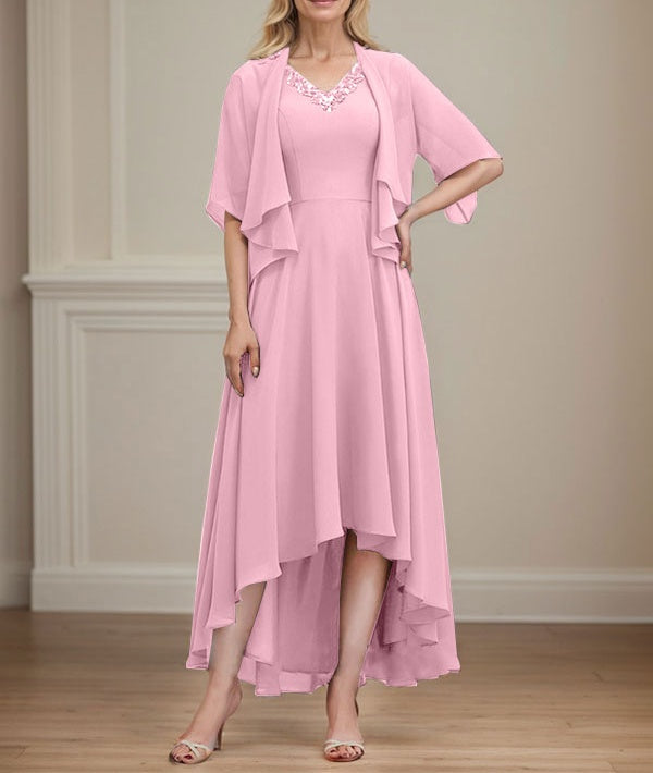 A-line V-Neck Asymmetrical Chiffon Mother of the Bride Dress With Beading Sequins