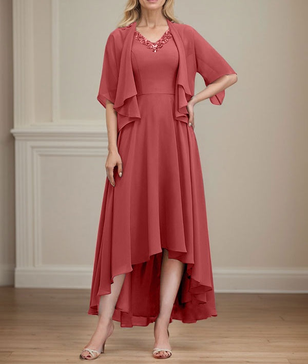 A-line V-Neck Asymmetrical Chiffon Mother of the Bride Dress With Beading Sequins