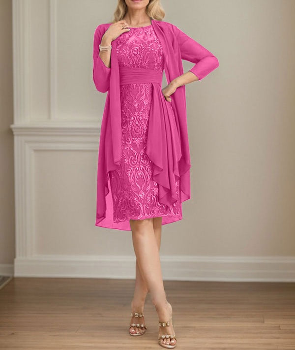 Sheath/Column Scoop Illusion Knee-Length Lace Chiffon Mother of the Bride Dress With Cascading Ruffles Sequins