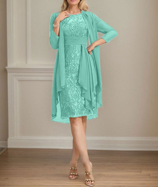 Sheath/Column Scoop Illusion Knee-Length Lace Chiffon Mother of the Bride Dress With Cascading Ruffles Sequins