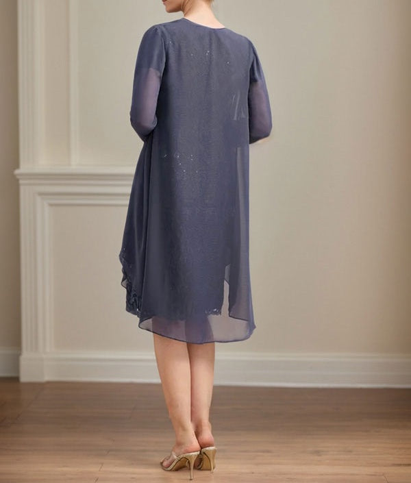 Sheath/Column Scoop Illusion Knee-Length Lace Chiffon Mother of the Bride Dress With Cascading Ruffles Sequins
