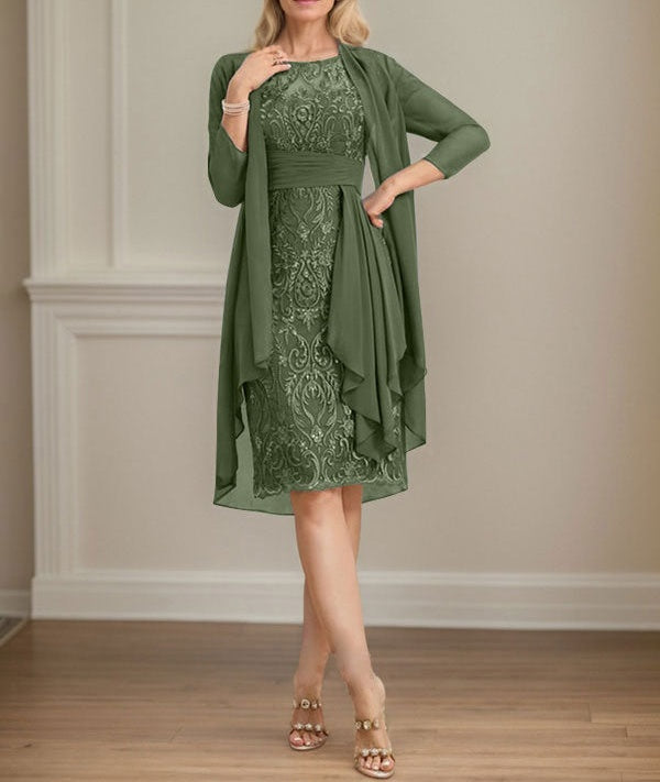 Sheath/Column Scoop Illusion Knee-Length Lace Chiffon Mother of the Bride Dress With Cascading Ruffles Sequins