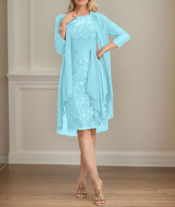 Sheath/Column Scoop Illusion Knee-Length Lace Chiffon Mother of the Bride Dress With Cascading Ruffles Sequins