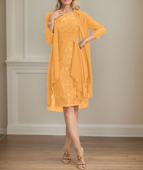 Sheath/Column Scoop Illusion Knee-Length Lace Chiffon Mother of the Bride Dress With Cascading Ruffles Sequins