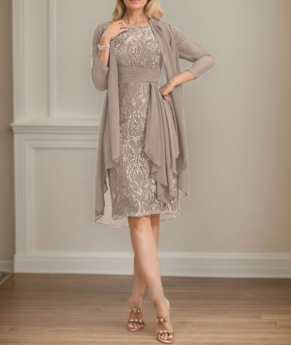 Sheath/Column Scoop Illusion Knee-Length Lace Chiffon Mother of the Bride Dress With Cascading Ruffles Sequins