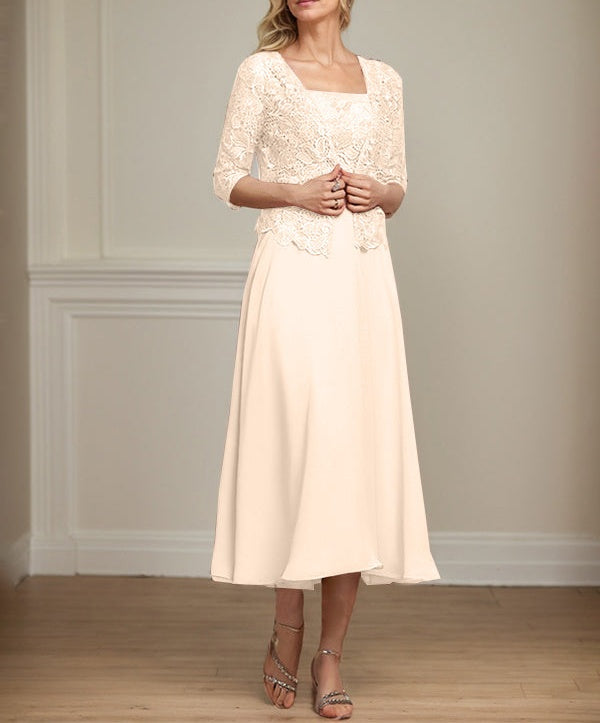 A-line Square Tea-Length Chiffon Lace Mother of the Bride Dress With Sequins Beading