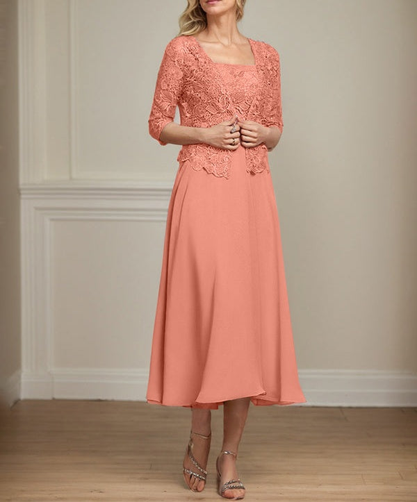 A-line Square Tea-Length Chiffon Lace Mother of the Bride Dress With Sequins Beading