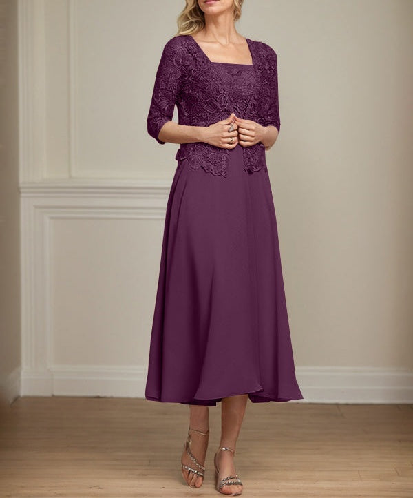 A-line Square Tea-Length Chiffon Lace Mother of the Bride Dress With Sequins Beading