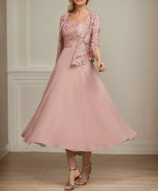 A-line Square Tea-Length Chiffon Lace Mother of the Bride Dress With Sequins Beading