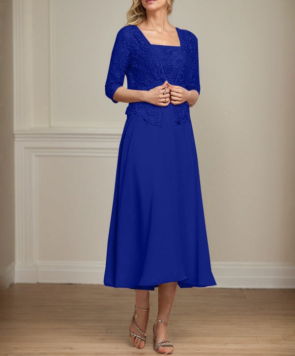 A-line Square Tea-Length Chiffon Lace Mother of the Bride Dress With Sequins Beading