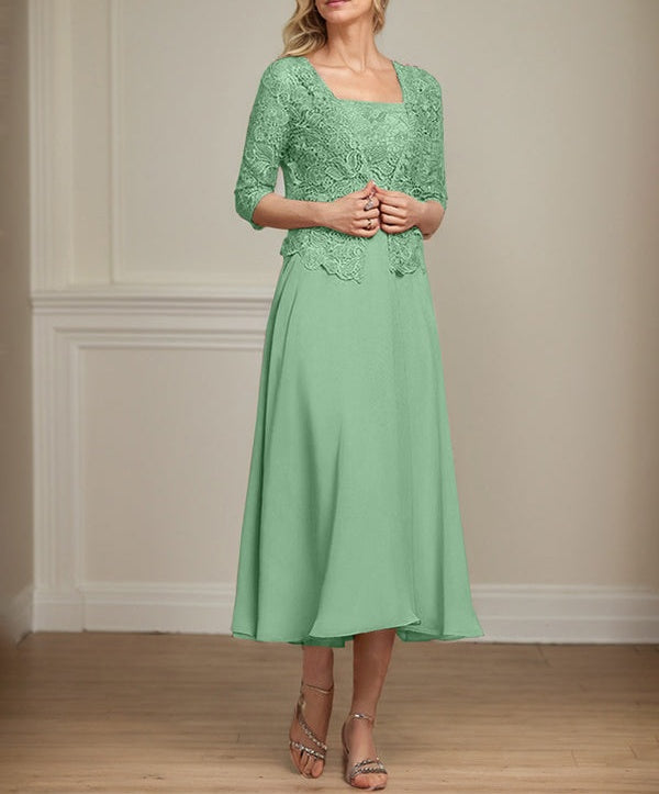 A-line Square Tea-Length Chiffon Lace Mother of the Bride Dress With Sequins Beading