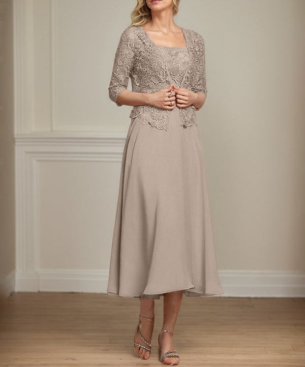 A-line Square Tea-Length Chiffon Lace Mother of the Bride Dress With Sequins Beading