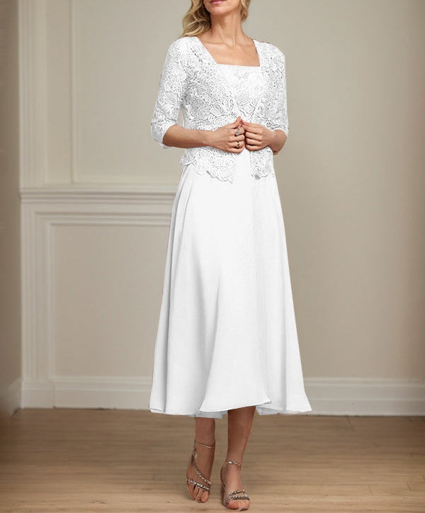 A-line Square Tea-Length Chiffon Lace Mother of the Bride Dress With Sequins Beading