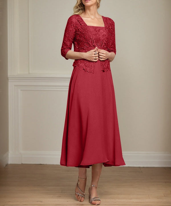 A-line Square Tea-Length Chiffon Lace Mother of the Bride Dress With Sequins Beading