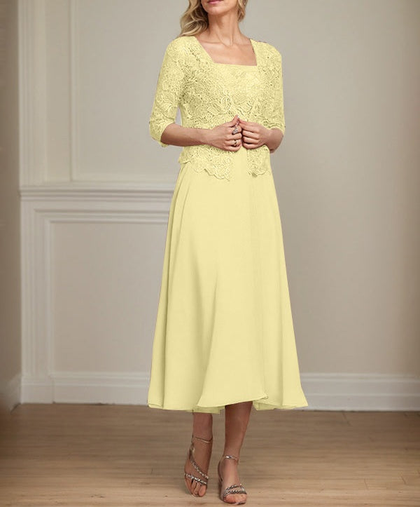 A-line Square Tea-Length Chiffon Lace Mother of the Bride Dress With Sequins Beading