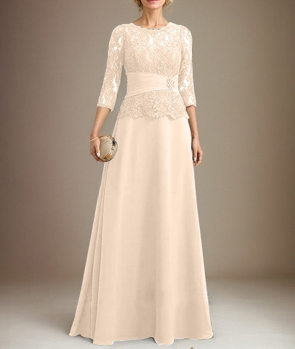A-line Scoop Illusion Floor-Length Chiffon Lace Mother of the Bride Dress With Pleated Sequins Beading