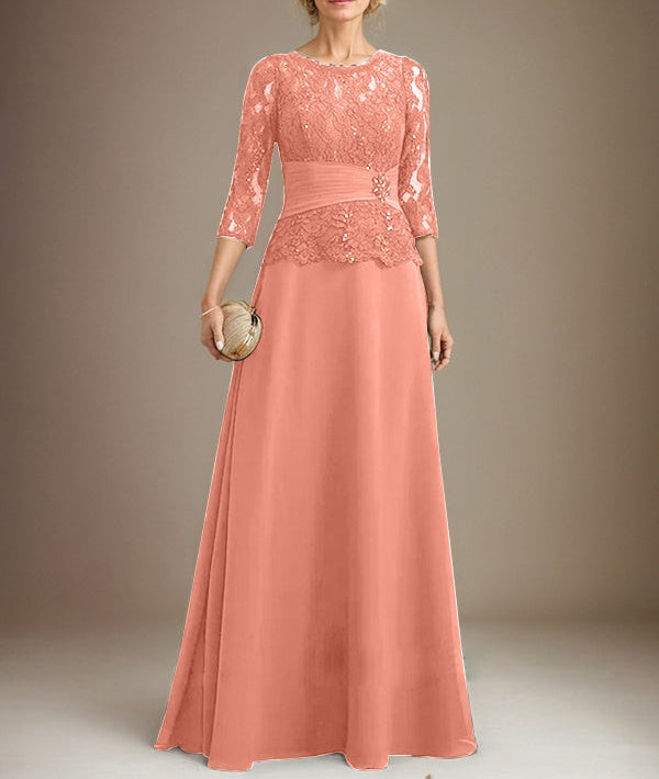 A-line Scoop Illusion Floor-Length Chiffon Lace Mother of the Bride Dress With Pleated Sequins Beading