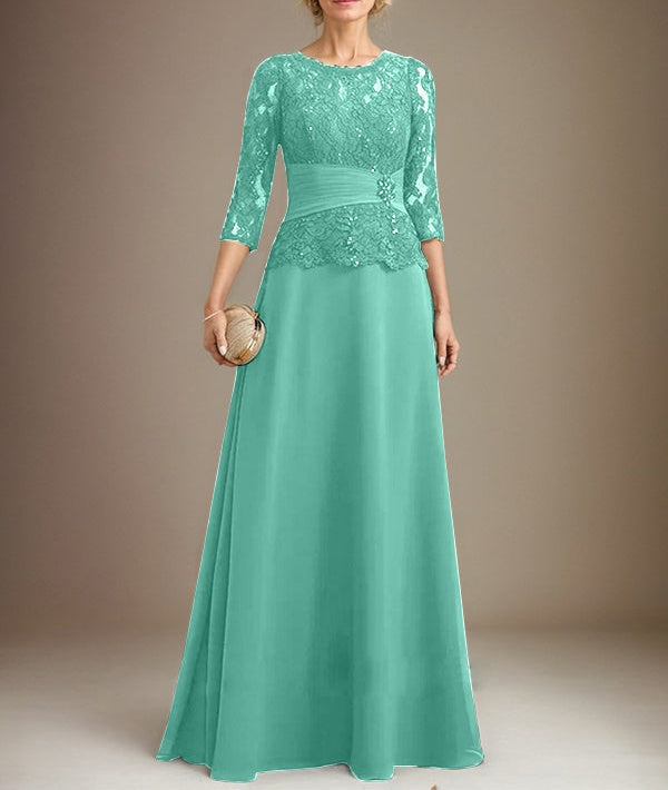 A-line Scoop Illusion Floor-Length Chiffon Lace Mother of the Bride Dress With Pleated Sequins Beading