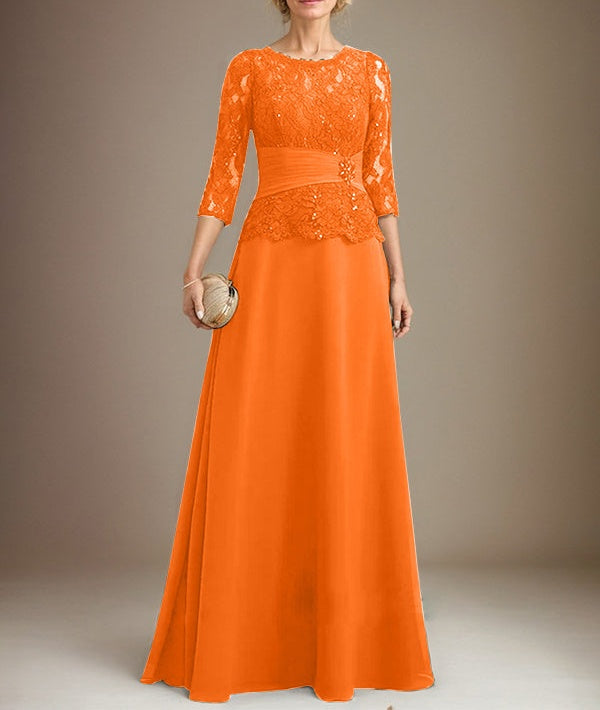 A-line Scoop Illusion Floor-Length Chiffon Lace Mother of the Bride Dress With Pleated Sequins Beading