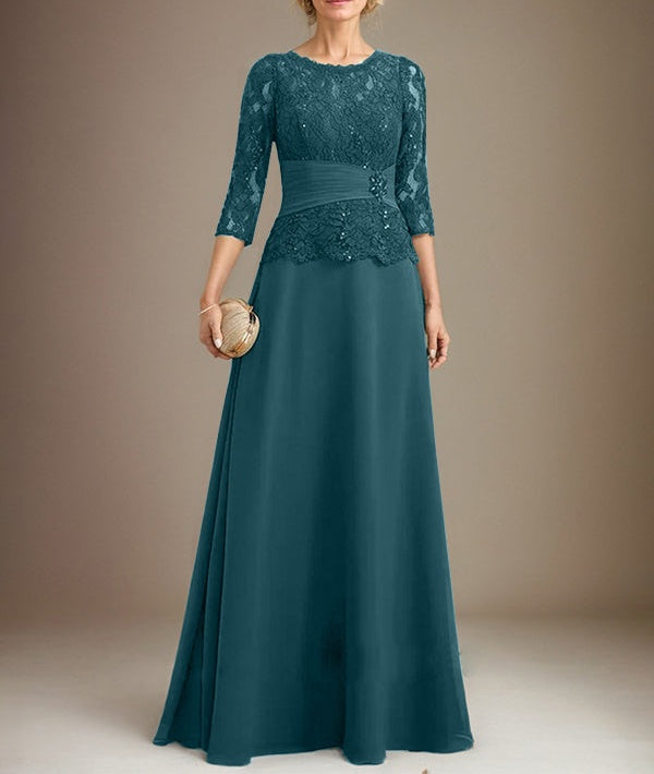 A-line Scoop Illusion Floor-Length Chiffon Lace Mother of the Bride Dress With Pleated Sequins Beading