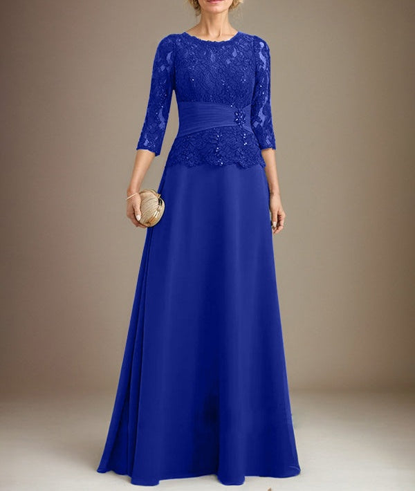 A-line Scoop Illusion Floor-Length Chiffon Lace Mother of the Bride Dress With Pleated Sequins Beading