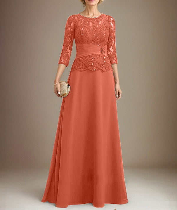 A-line Scoop Illusion Floor-Length Chiffon Lace Mother of the Bride Dress With Pleated Sequins Beading
