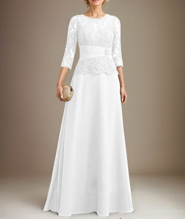 A-line Scoop Illusion Floor-Length Chiffon Lace Mother of the Bride Dress With Pleated Sequins Beading