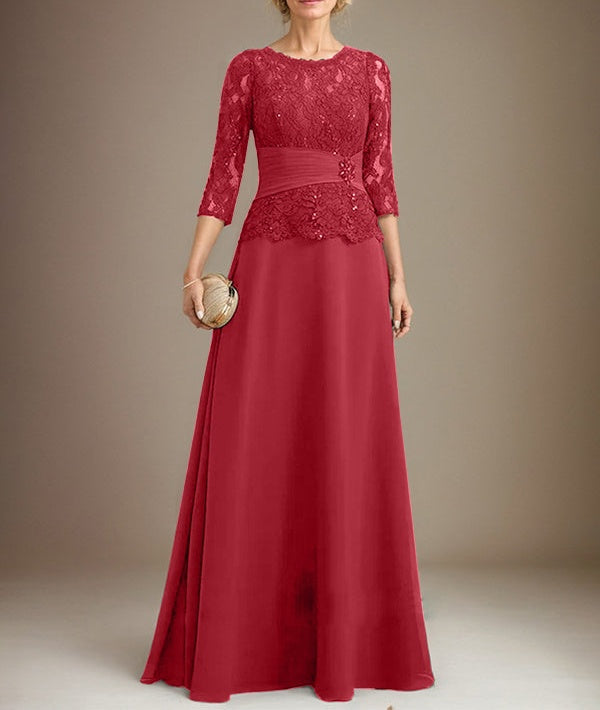 A-line Scoop Illusion Floor-Length Chiffon Lace Mother of the Bride Dress With Pleated Sequins Beading
