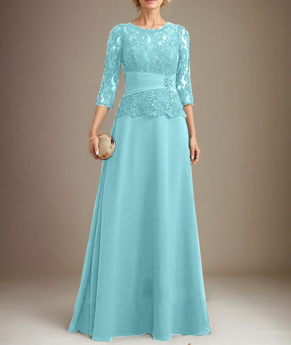 A-line Scoop Illusion Floor-Length Chiffon Lace Mother of the Bride Dress With Pleated Sequins Beading