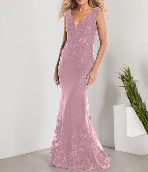 A-line V-Neck Floor-Length Lace Chiffon Mother of the Bride Dress With Applique Sequins Mermaid Dresses