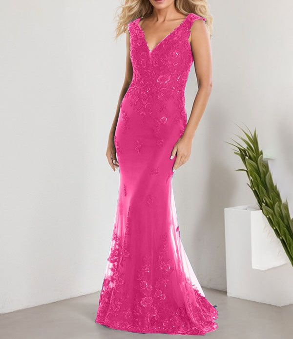 A-line V-Neck Floor-Length Lace Chiffon Mother of the Bride Dress With Applique Sequins Mermaid Dresses